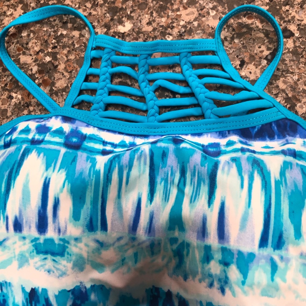 Free Country Blue Tie Dye Light Patterned One-Piece Tankini with Braided Front